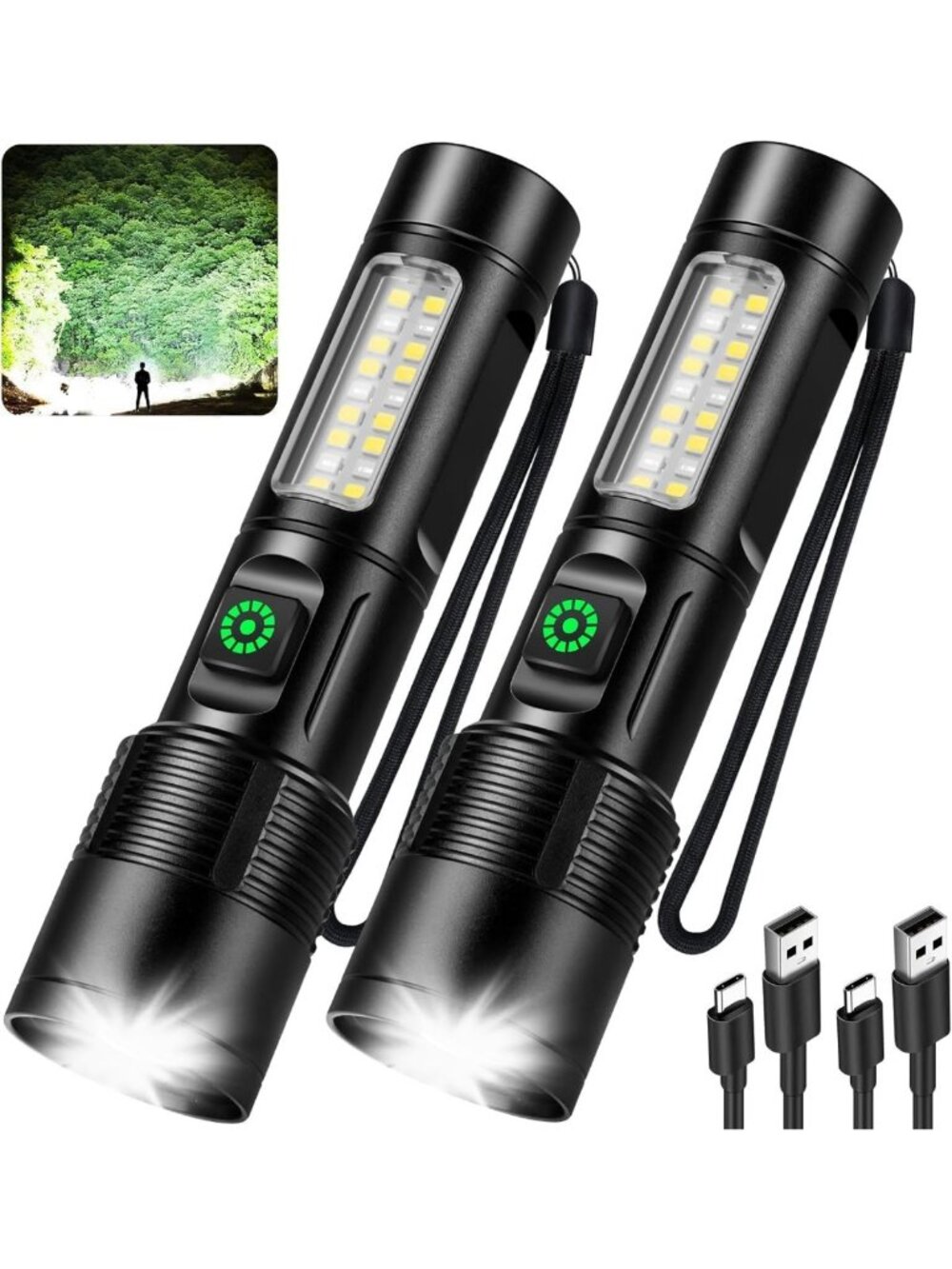 2 Pack High Lumens Rechargeable LED Flashlights, 5 Modes, Waterproof for Camping